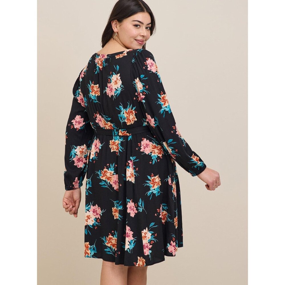 Torrid Black Multi Floral Mini Stretch Challis Tie Waist Pocket Dress Plus 1X - Picture 2 of 12